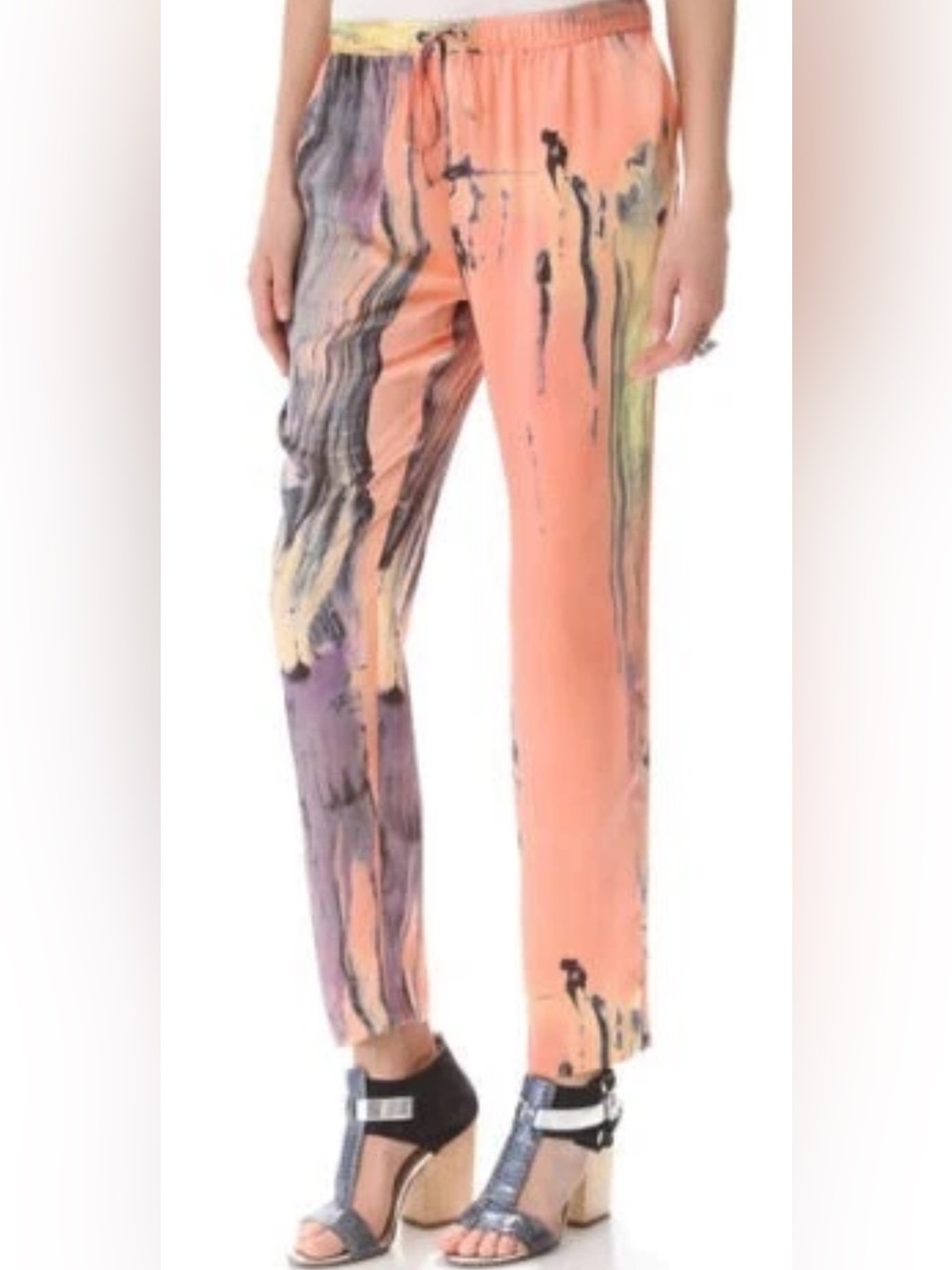 Elizabeth and James Peach Silk Watercolor Print Pants size small